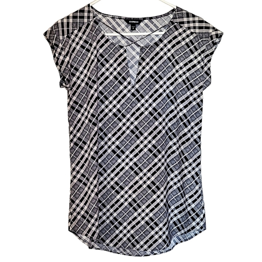 1287 * Express Cross Front Plaid Top Black White Size S